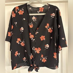 Lush Black Floral Top with Tie and Flutter Sleeve